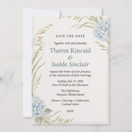 Invitation Hydrangea Bleu Aquarelle & Blé Enregistrer (Devant)