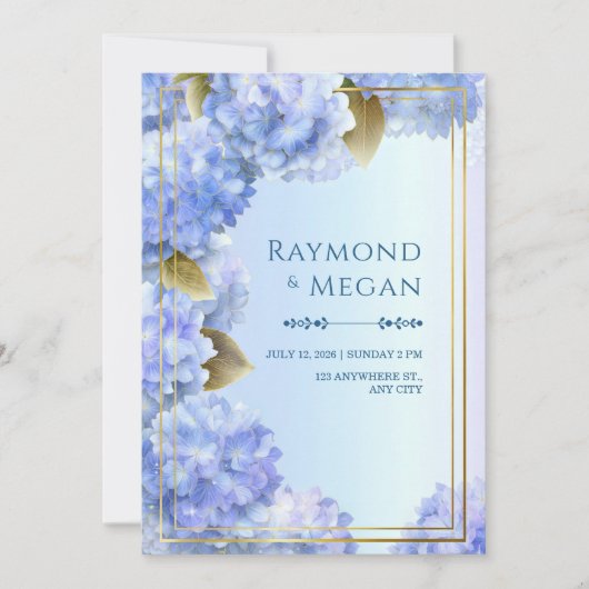 Invitation Hydrangea Bleu aux Bordures Dorées Cadre à Feuille (Devant)
