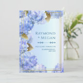 Invitation Hydrangea Bleu aux Bordures Dorées Cadre à Feuille (Debout devant)