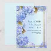 Invitation Hydrangea Bleu aux Bordures Dorées Cadre à Feuille (Devant / Derrière)