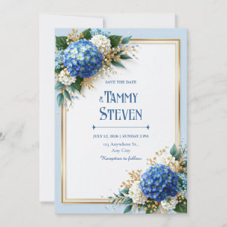 Invitation Hydrangea Bleu Barbeau Cadre Doré Mariage