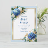 Invitation Hydrangea Bleu Barbeau Cadre Doré Mariage (Debout devant)