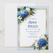 Invitation Hydrangea Bleu Barbeau Cadre Doré Mariage (Devant / Derrière)