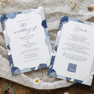 Invitation Hydrangea Bleu & Blanc Mariage Vintage Tout en Un