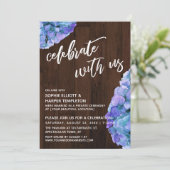 Invitation Hydrangea Bleu Bois Rustique Célébrez avec Nous (Debout devant)