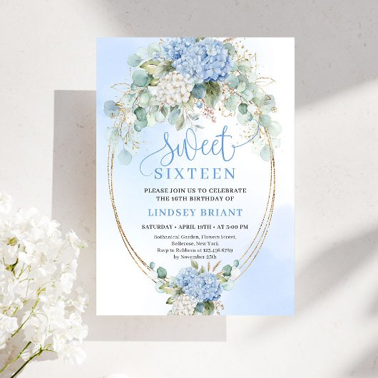 Invitation Hydrangea Bleu Classique Fleurs Dorées Sweet Seize