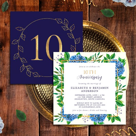 Invitation Hydrangea Bleu Doré 10ème Anniversaire de Mariage