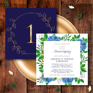 Invitation Hydrangea Bleu Doré 1er Anniversaire de Mariage