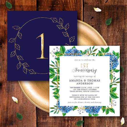 Invitation Hydrangea Bleu Doré 1er Anniversaire de Mariage