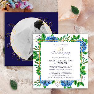 Invitation Hydrangea Bleu Doré 1er Anniversaire de Mariage Ph