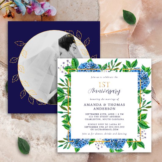 Invitation Hydrangea Bleu Doré 1er Anniversaire de Mariage Ph