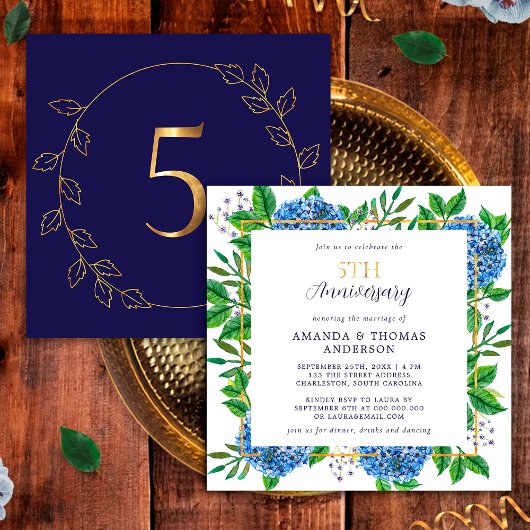 Invitation Hydrangea Bleu Doré 5ème Anniversaire de Mariage