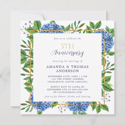 Invitation Hydrangea Bleu Doré 5ème Anniversaire de Mariage P (Devant)