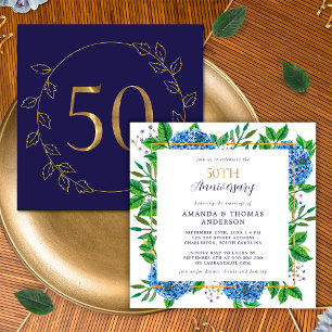 Invitation Hydrangea Bleu Doré Anniversaire de Mariage 50 Ans