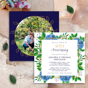 Invitation Hydrangea Bleu Doré Photo Anniversaire de Mariage 