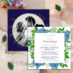 Invitation Hydrangea Bleu Doré Photo Anniversaire de Mariage