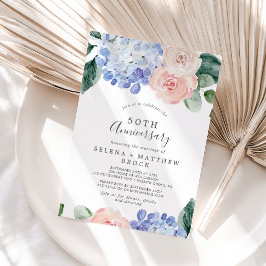 Invitation Hydrangea Bleu Élégant 50e Anniversaire de Mariage