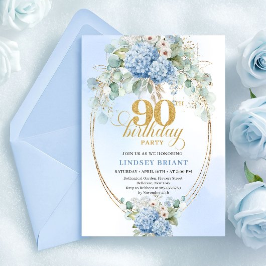 Invitation Hydrangea Bleu Élégant Aquarelle 90e Anniversaire