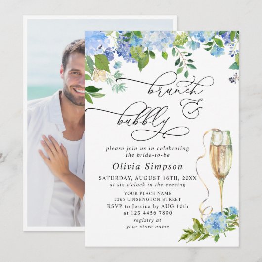 Invitation Hydrangea Bleu Élégant Aquarelle Brunch & Bulles (Devant / Derrière)