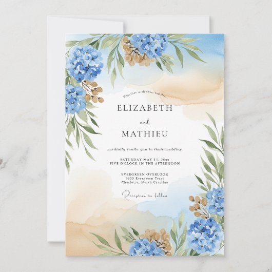 Invitation Hydrangea Bleu Mariage Éthéré (Devant)