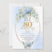 Invitation Hydrangea Bleu Moderne Cadre Doré 80e Anniversaire (Devant)