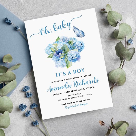 Invitation Hydrangea Bleu Oh, Bébé C'est un Garçon Baby Showe