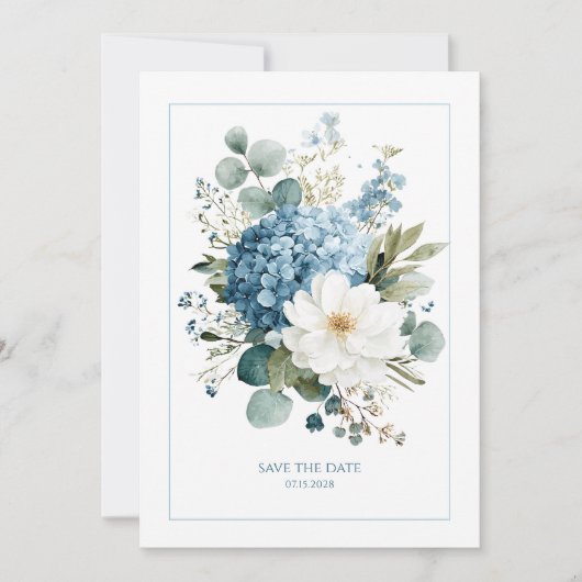 Invitation Hydrangea Bleu Poussiéreux Élégant Anémone Blanche (Devant)