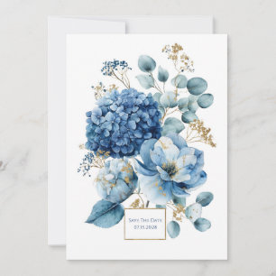 Invitation Hydrangea Bleu Poussiéreux Élégant Paillettes Doré