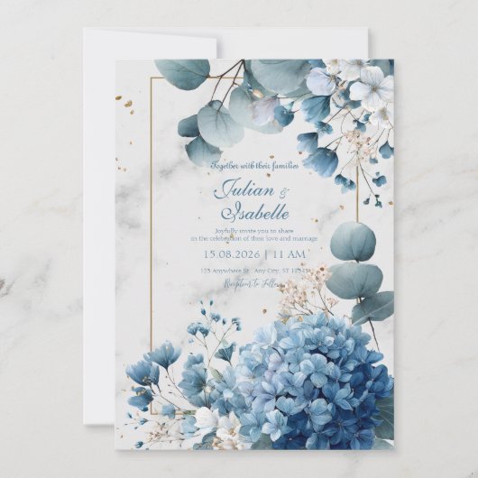 Invitation Hydrangea Bleu Poussiéreux Eucalyptus Marbre Doré (Devant)