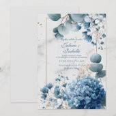 Invitation Hydrangea Bleu Poussiéreux Eucalyptus Marbre Doré (Devant / Derrière)