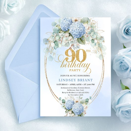 Invitation Hydrangea Bleu Romantique Cadre Doré 90e Anniversa