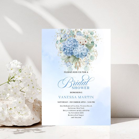 Invitation Hydrangea Bleu Romantique et Fleurs Dorées pour En