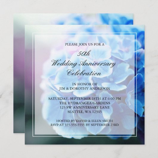 Invitation Hydrangea Bleu Violet 50e Anniversaire de Mariage (Devant / Derrière)