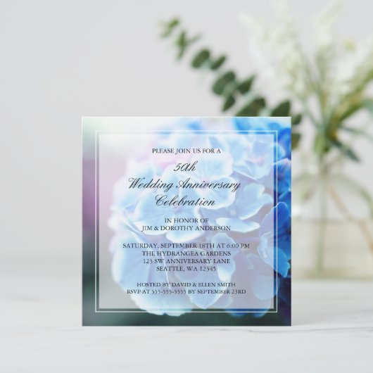 Invitation Hydrangea Bleu Violet 50e Anniversaire de Mariage (Debout devant)