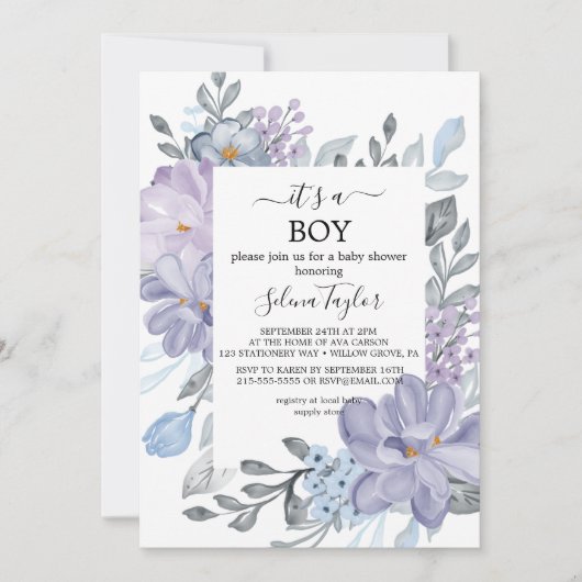 Invitation Hydrangea Bleue Élégante | C'est un Garçon Baby Sh (Devant)