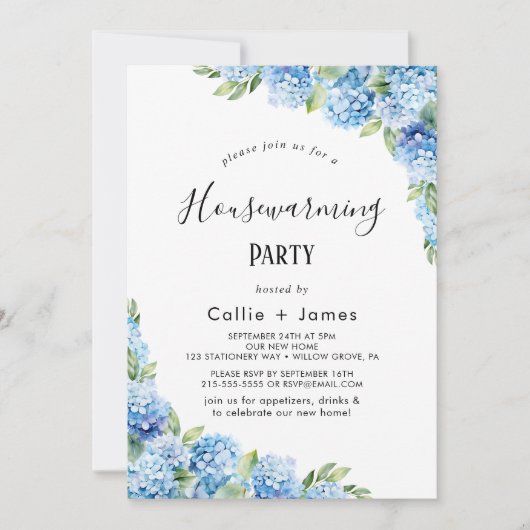 Invitation Hydrangea Bleue Élégante | Pendaison de Crème de M (Devant)