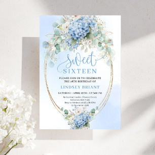 Invitation Hydrangea Bleue Élégante Script 16e Anniversaire