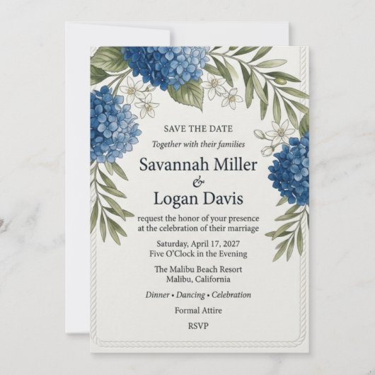 Invitation Hydrangea Bleue et Feuillage d'Olivier Aquarelle (Devant)
