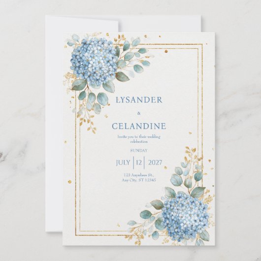 Invitation Hydrangea Bleue Eucalyptus Papier D'or Élégant (Devant)