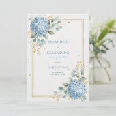 Invitation Hydrangea Bleue Eucalyptus Papier D'or Élégant (Debout devant)