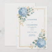 Invitation Hydrangea Bleue Eucalyptus Papier D'or Élégant (Devant / Derrière)