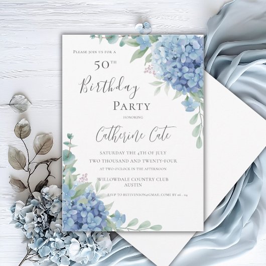 Invitation Hydrangea Bleue Florale Élégante 50e Anniversaire
