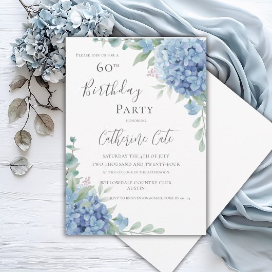 Invitation Hydrangea Bleue Florale Élégante 60e Anniversaire