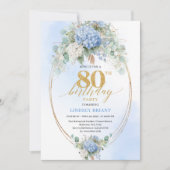 Invitation Hydrangea Bleue Moderne Cadre Doré 80e Anniversair (Devant)