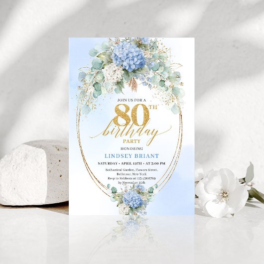 Invitation Hydrangea Bleue Moderne Cadre Doré 80e Anniversair