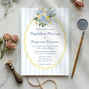 Invitation Hydrangea Bleue Roses Jaunes Mariage Rayure Floral