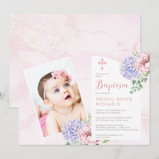 Invitation Hydrangea Blooms Girl Baby Photo Baptême (Devant / Derrière)