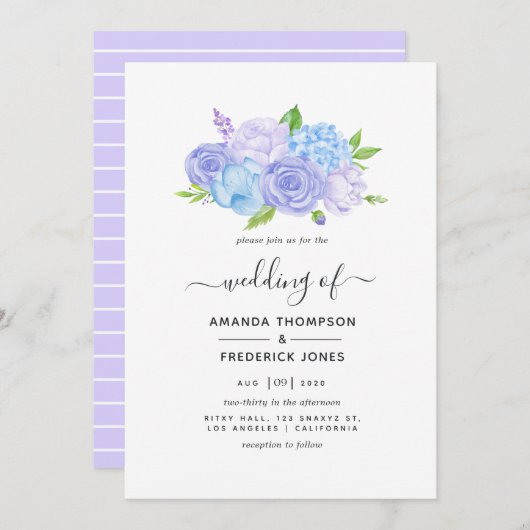 Invitation Hydrangea Blue et Lavender Mariage clair (Devant / Derrière)