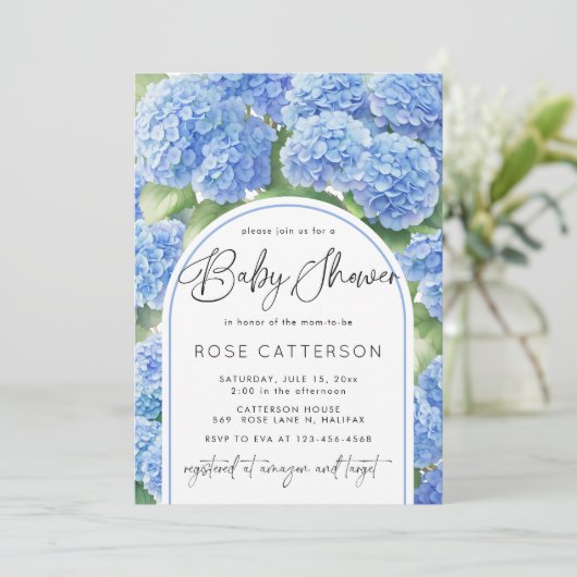 Invitation Hydrangea Blue Flowers Baby shower garçon (Debout devant)