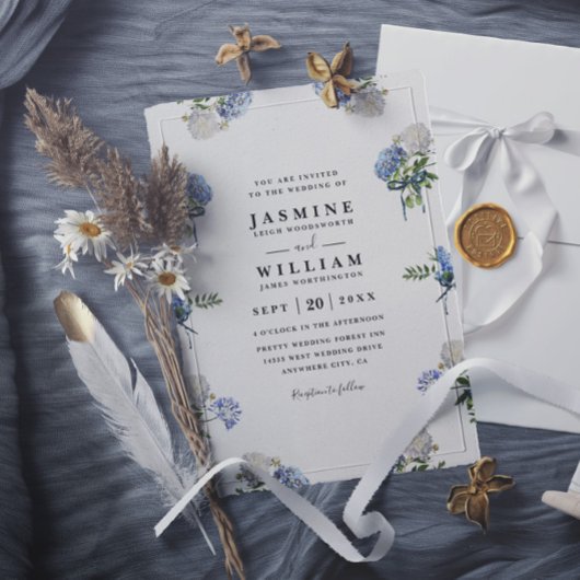 Invitation Hydrangea Bouquet Blue Elegant QR Code Wedding